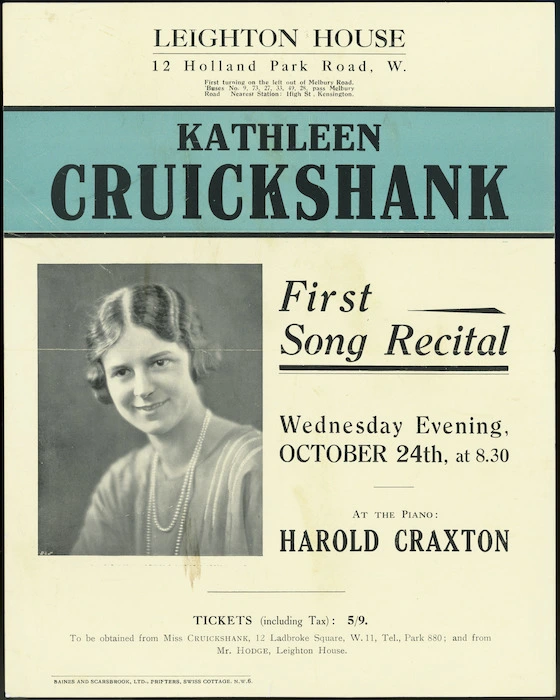 A flier advertising a recital by Kathleen Cruickshank, by Baines & Scarsbrook Ltd, in the year 1923. Reference: Eph-B-MUSIC-GB-1923-0, Alexander Turnbull Library collections, National Library of New Zealand. Used in NZMS blog article re: The Importance of Preserving Ephemera. 